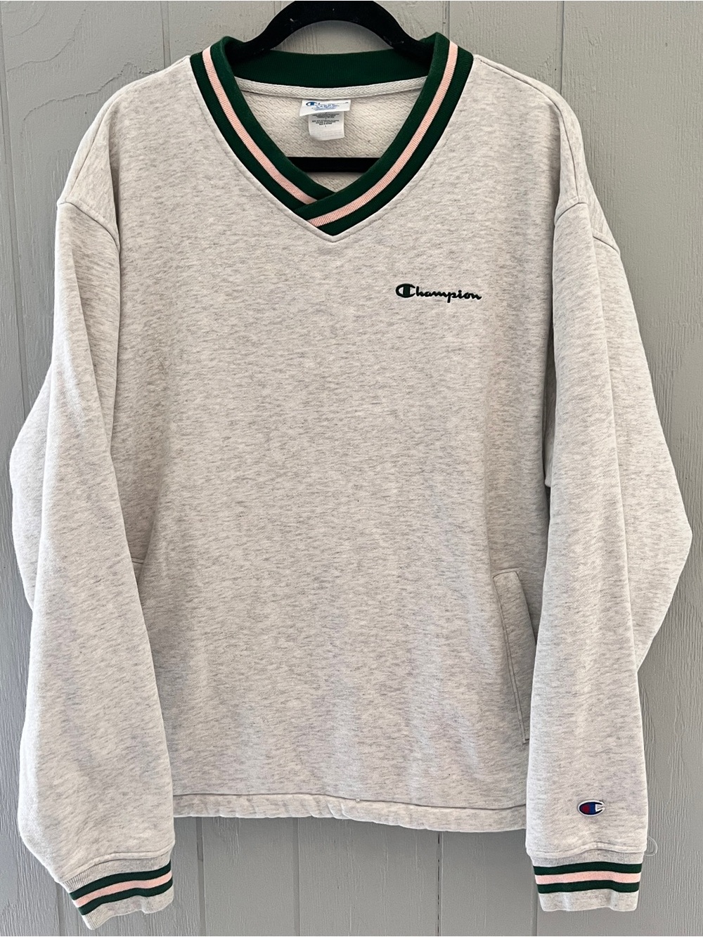 Vintage Champion Pullover Light Gray V-Neck Pullover with Green & Pink Trim
